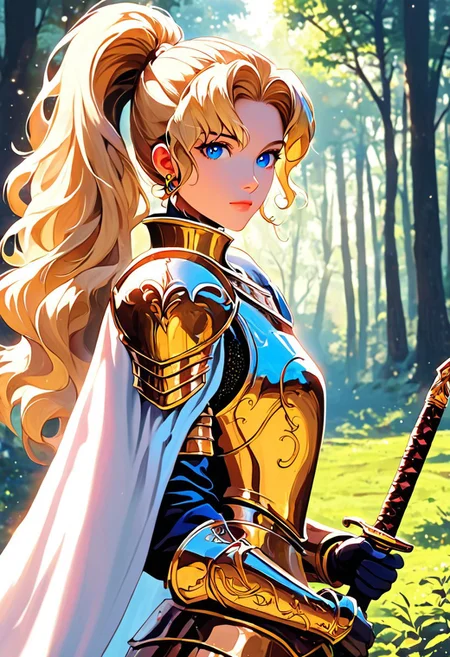 1girl, weapon, armor, sword, blue eyes, holding weapon, solo, blonde hair, holding sword, looking at viewer, cape, holding, forest, long hair, white cape, nature, shoulder armor, ponytail, gold armor, gloves, breastplate, outdoors, nose, pauldrons, tree, from side, blurry background, closed mouth, blurry, knight, bush, plate armor, wavy hair, vambraces, black gloves, gauntlets, upper body, standing, faulds, two-handed, earring, reflection,
rimixa,, <lora:Ri-MIX_A_Illustriousv-000010:1>, masterwork, masterpiece, best quality, dynamic lighting , dynamic pose,, dynamic angle, lips, nose