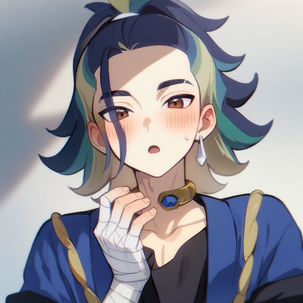 1boy, male focus, brown eyes, multicolored hair, half updo, blue hair, green hair, earring, blue jacket, choker, black shirt, bandaged hand, aesthetic, very aesthetic, absurdres, best quality, solo, :o, blush