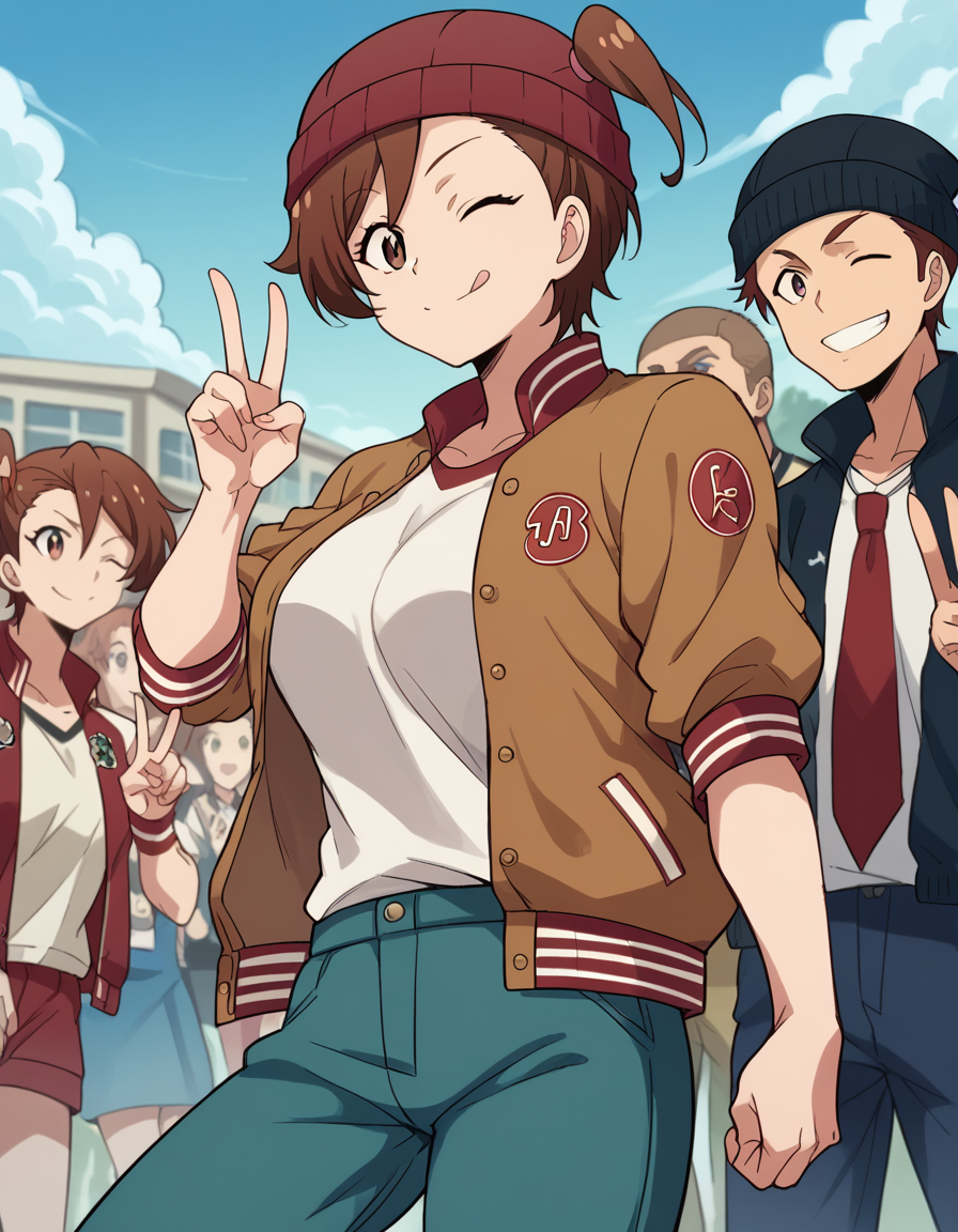 score_9, score_8_up, score_7_up, source_anime, <lora:shino-kuribayashi-s1s2-ponyxl-lora-nochekaiser:1>, shino kuribayashi, short hair, brown hair, brown eyes, side ponytail, large breasts,, <lora:letterman-jacket-ponyxl-lora-nochekaiser:1>, letterman jacket, jacket,, outdoors, crowd, people, v, v over eye, one eye closed, tongue out, smile, beanie, pants, open clothes, open jacket, , cowboy shot, dutch angle