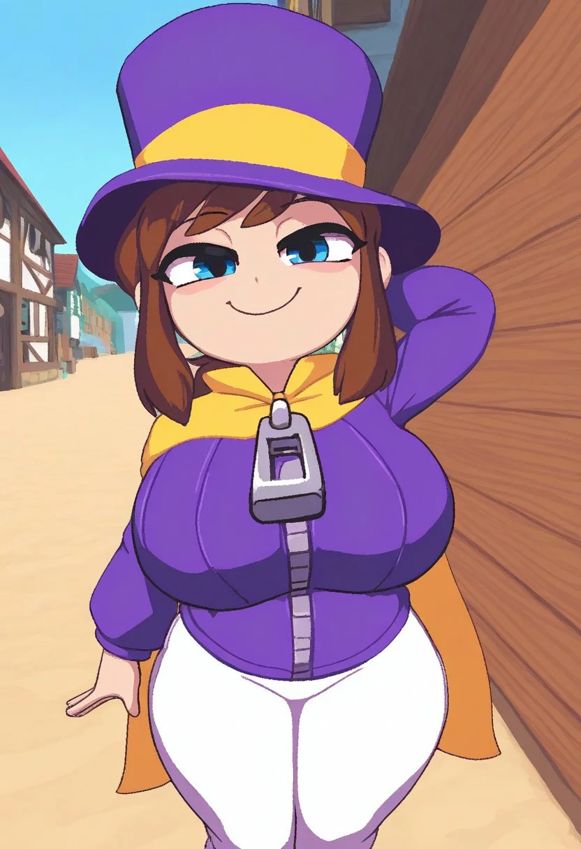 1girl, NamakoStyle,  solo,ccgirl,brown hair,sidelocks,short ponytail,blue eyes, purple top hat,purple jacket,yellow cape,zipper pull tab,white pants,brown footwear, shortstack, thick thighs, wide hips, looking at viewer, smile, large breasts, dynamic pose, outdoors, summer, colorful town, smug,