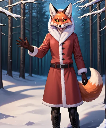 score_9, score_8_up, score_7_up, score_6_up, score_5_up, score_4_up, source_anime, furry, fox, detailed background, snowy forest, lighting, full view
BREAK 1 girl, solo, cowboy shot, black sclera, orange eyes, standing, smirk, view from up, looking at viewer, smug, waving, fox tail
BREAK red jacket, fur trim,fur-trimmed jacket, black pantyhose, boots,belt
<lora:Alice_SDXL-000009:1>
