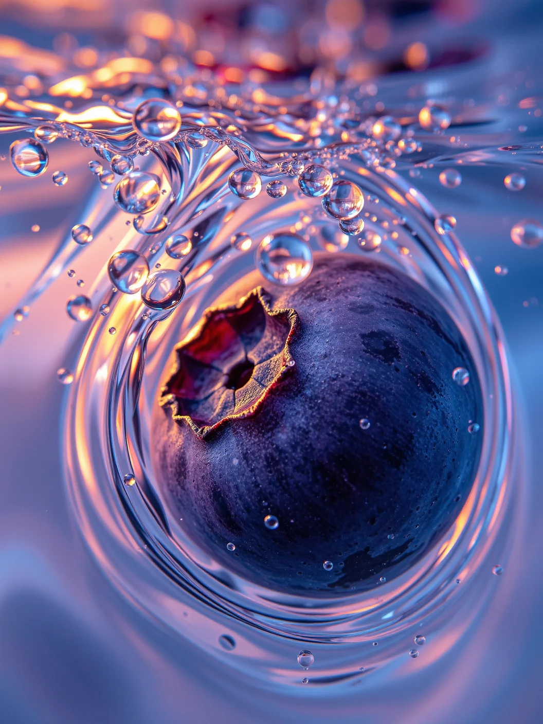 Abstract closeup of a blueberry, distorted by swirling water, liquid patterns and bubbles reflecting colorful, glowing light. The entire scene appears as if underwater in a dream-like state, fluid movement creating artistic waves around the fruit, soft gradients of blue blending with light purples, evoking a surreal and fluid atmosphere.