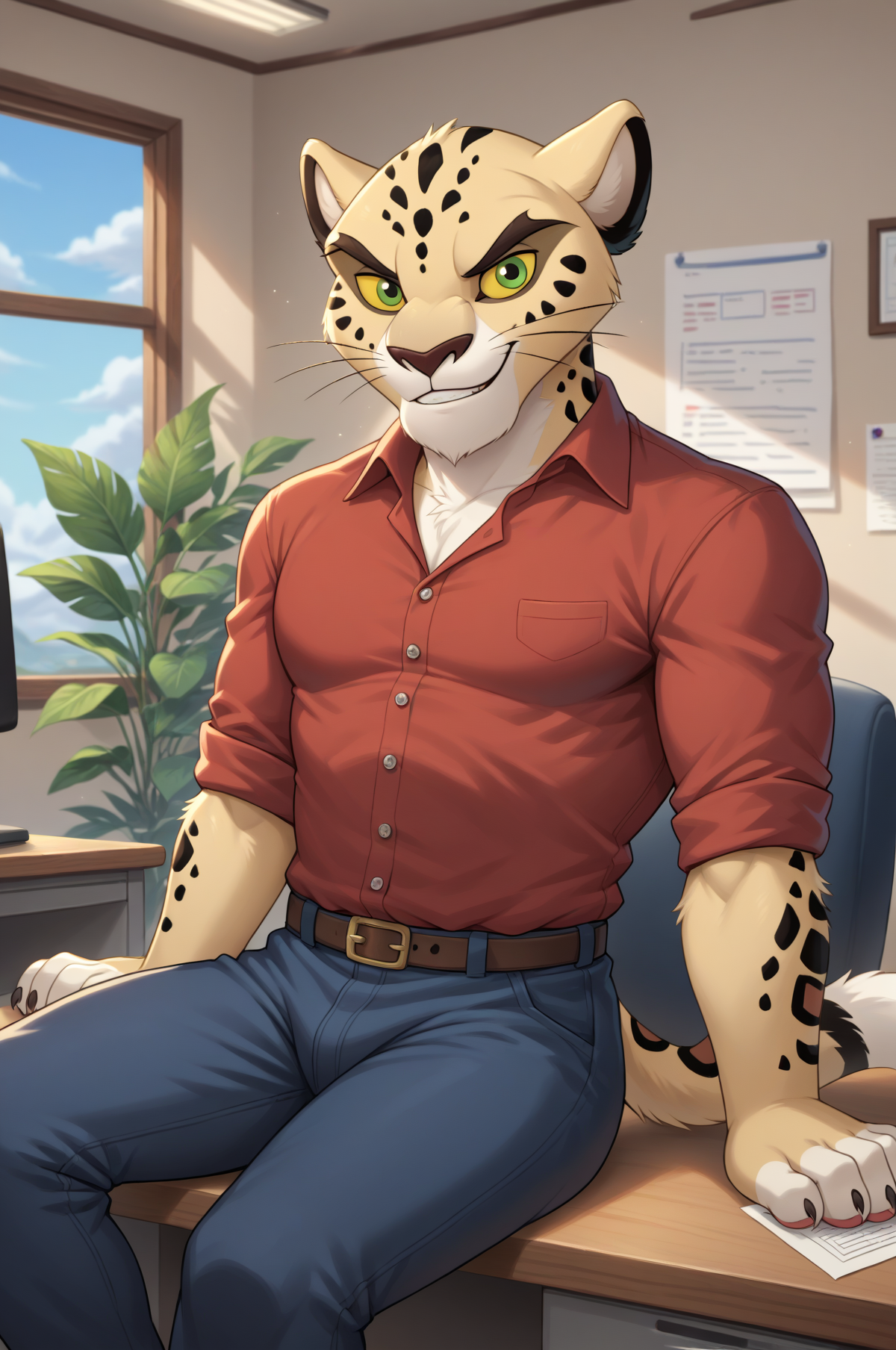 <lora:MakuchaPony-10:1>,score_9, score_8_up, score_7_up, male, Makucha, leopard, green eyes, yellow sclera, solo, anthromorphic body, detailed background, detailed background, Expressive, paws, paw_pads,  solo, smile, (looking at viewer:1.3), sitting, sitting on desk,   office, buff, red shirt, dark blue pants, buff,  close up on face, upper body