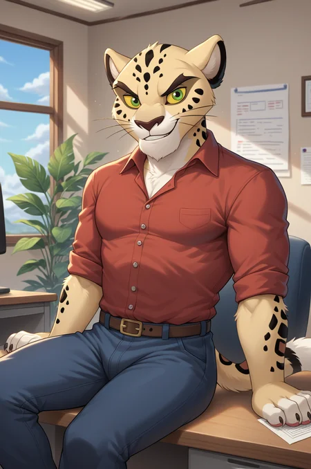 <lora:MakuchaPony-10:1>,score_9, score_8_up, score_7_up, male, Makucha, leopard, green eyes, yellow sclera, solo, anthromorphic body, detailed background, detailed background, Expressive, paws, paw_pads, solo, smile, (looking at viewer:1.3), sitting, sitting on desk, office, buff, red shirt, dark blue pants, buff, close up on face, upper body