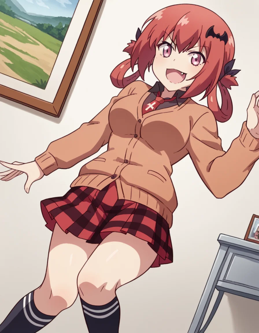 score_9, score_8_up, score_7_up, source_anime, <lora:satanichia-kurumizawa-mcdowell-s1-ponyxl-lora-nochekaiser:1>, satanichia kurumizawa mcdowell, hair ornament, red hair, hair rings, bat hair ornament, pink eyes, skin fang, large breasts,, skirt, shirt, school uniform, pleated skirt, necktie, shoes, socks, collared shirt, plaid, kneehighs, black shirt, plaid skirt, cardigan, black socks, inverted cross, brown cardigan,, museum, art exhibit, paintings, observing, quiet contemplation, cultural experience, smile, , arm flexed showing muscle, solo,, cowboy shot, dutch angle