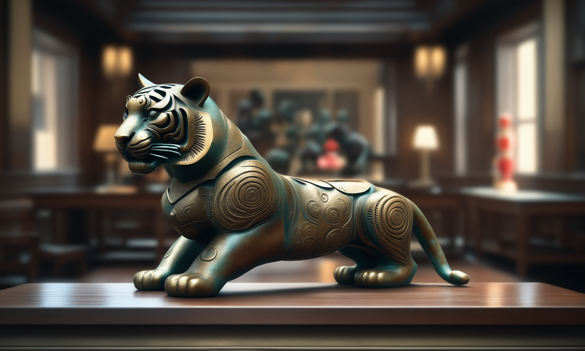 <lora:bronzecd_xl-000006:0.7>,a statue of a tiger made of (bronzecd_xl,bron,cyan:0.1) in office scene,full body,miniature,tilt-shift,indoors,chinese zodiac,wooden table,cutie,cute,still life,animal statue,front view,facing viewer,looking at viewer,(Unbelievable Digital Artwork:1.3),CGSociety,ArtStation,master works, 8K, HDR, UHD, masterpiece, best quality, highly detailed, high resolution, finely detail, extremely detailed, ultra detailed, wallpaper
