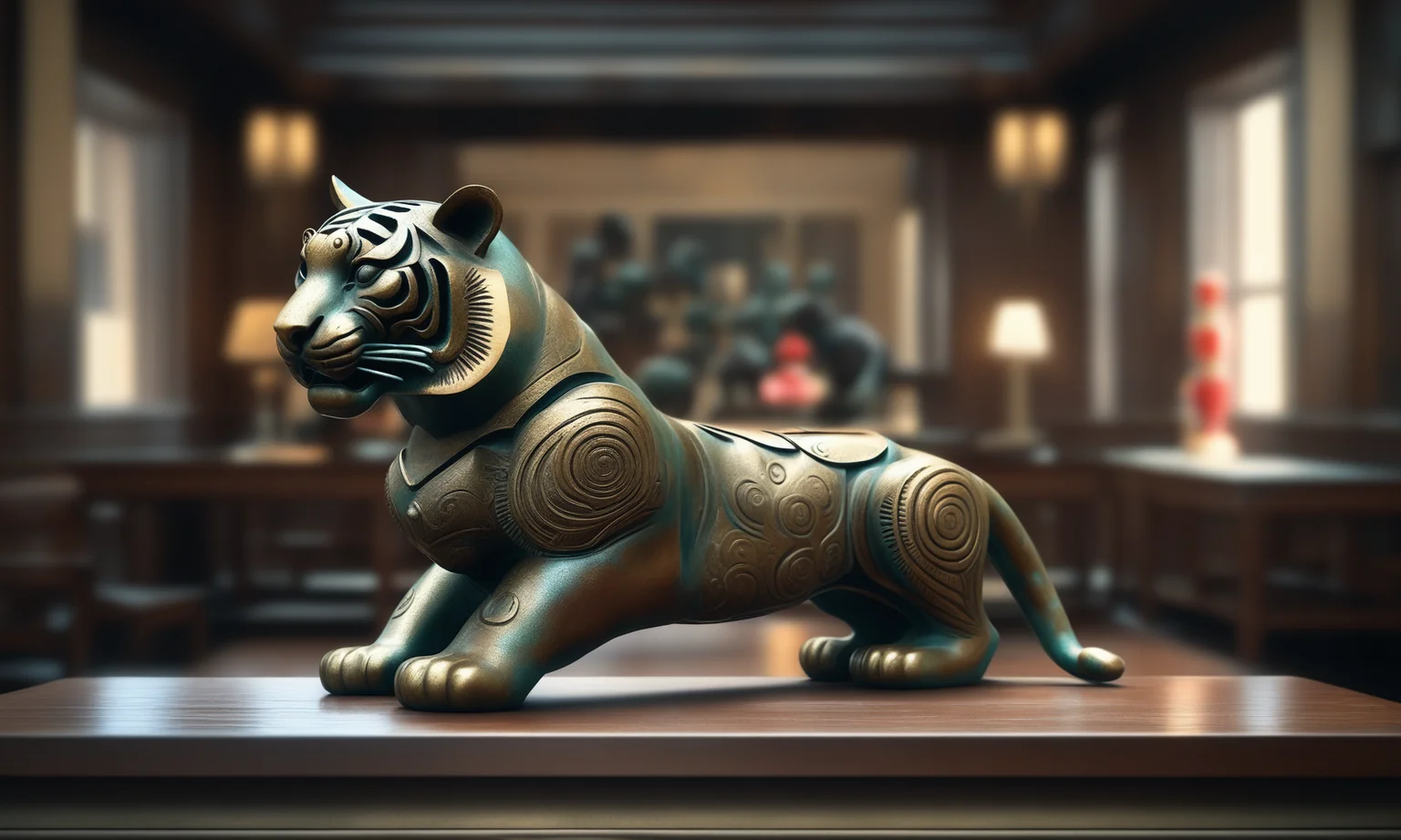 <lora:bronzecd_xl-000006:0.7>,a statue of a tiger made of (bronzecd_xl,bron,cyan:0.1) in office scene,full body,miniature,tilt-shift,indoors,chinese zodiac,wooden table,cutie,cute,still life,animal statue,front view,facing viewer,looking at viewer,(Unbelievable Digital Artwork:1.3),CGSociety,ArtStation,master works, 8K, HDR, UHD, masterpiece, best quality, highly detailed, high resolution, finely detail, extremely detailed, ultra detailed, wallpaper