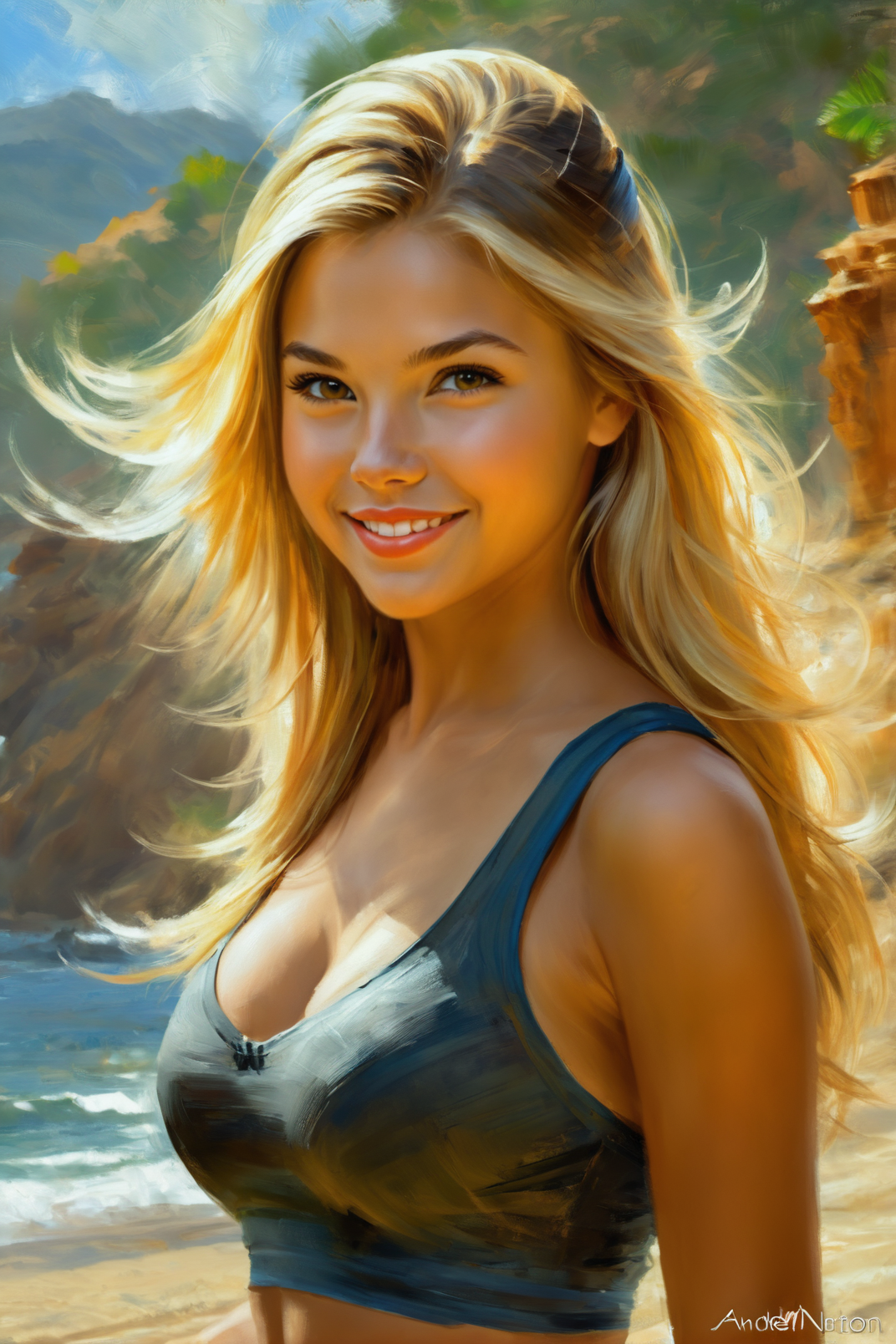 by Caesar Andrade Faini, by Andre Norton, by Mark Keathley, cute fit 18 year old woman, digital painting <lora:digital_painting_envy02:1.00>, blonde