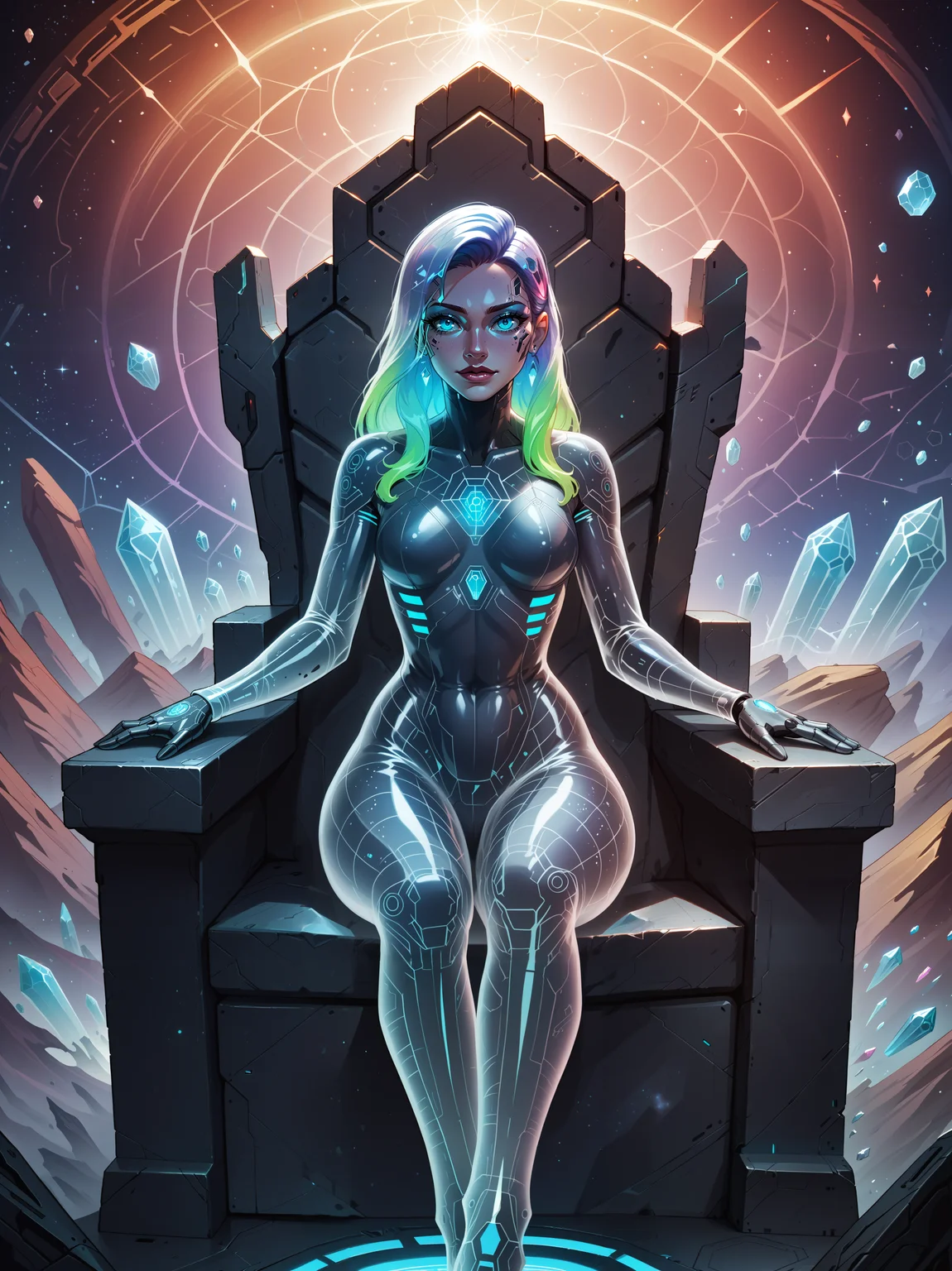 BREAK score_9, score_8, (score_7:0.5), (score_6:0.5) BREAK, masterpiece, colorful, multicolored_hair, diamond_\(gem\), gem, crystal, queen, throne, galactic, cosmic_hair, (translucent:1.5), translucent_hair , <lora:Translucent_Bodies_Pony_XL_v2:1>, cyborg, sitting, translucent_female, translucent_hair, High-quality, Hyper-maximalist, negative space, extremely intricate, prismatic colors, glimmering oils, vantablack, (Schrödinger's red), the rule of thirds