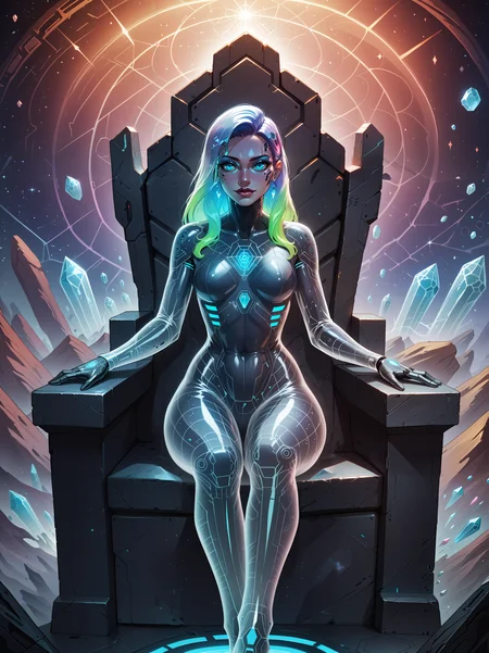 BREAK score_9, score_8, (score_7:0.5), (score_6:0.5) BREAK, masterpiece, colorful, multicolored_hair, diamond_\(gem\), gem, crystal, queen, throne, galactic, cosmic_hair, (translucent:1.5), translucent_hair , <lora:Translucent_Bodies_Pony_XL_v2:1>, cyborg, sitting, translucent_female, translucent_hair, High-quality, Hyper-maximalist, negative space, extremely intricate, prismatic colors, glimmering oils, vantablack, (Schrödinger's red), the rule of thirds
