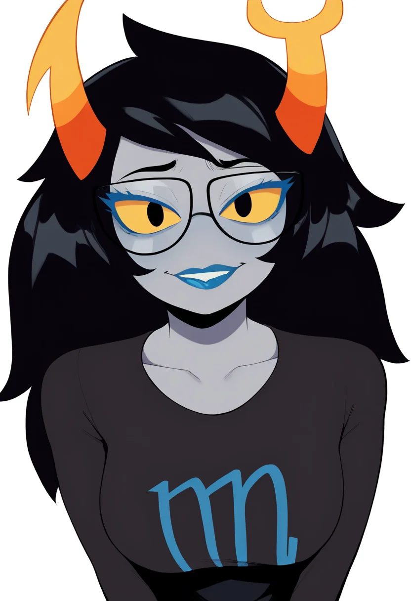 best quality, amazing quality, very aesthetic, absurdres,
1girl, vriska, black hair, long hair, horns, glasses, yellow sclera, colored skin, grey skin, blue lips,
black shirt,
upper body,
smile, solo, looking at viewer, simple background, white background,    <lora:VriskaSerketNoobXL_byKonan:1>
