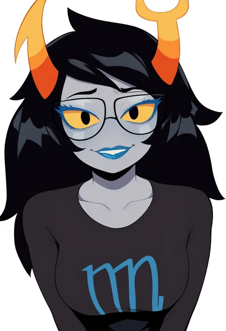 best quality, amazing quality, very aesthetic, absurdres,
1girl, vriska, black hair, long hair, horns, glasses, yellow sclera, colored skin, grey skin, blue lips,
black shirt,
upper body,
smile, solo, looking at viewer, simple background, white background, <lora:VriskaSerketNoobXL_byKonan:1>