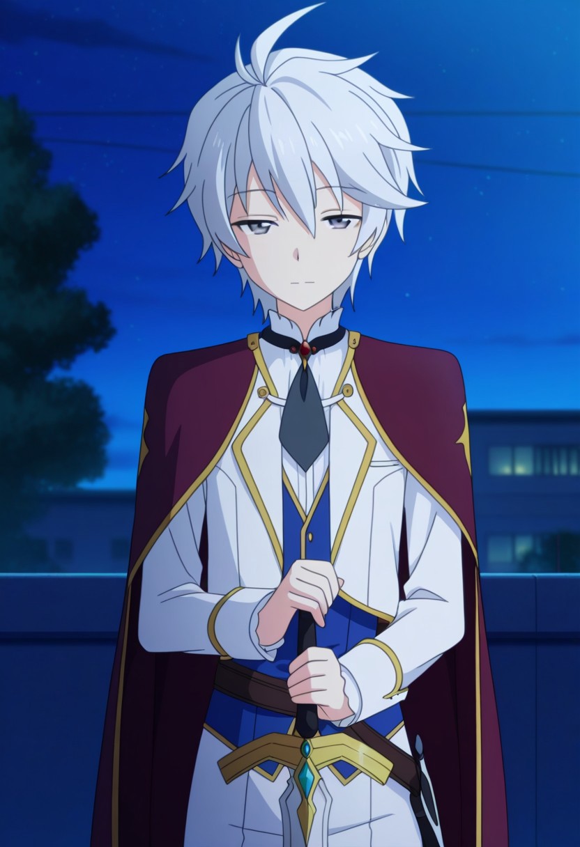 masterpiece, anime screencap, best quality, official style, soft details, smooth hair, 1boy, solo, male focus, looking at viewer, long sleeve, white collared shirt, prince uniform, necktie, cape, upper body, cowboy shot, skinny, cute, round face, bangs, youthful, outdoor, school, at night, lux_arcadia, white hair, ahoge, half closed eyes, standing, grey eyes, stern, holding sword, closed mouth, action pose