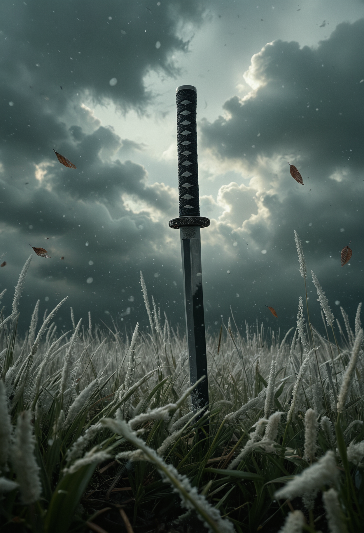 cinematic and dramatic scene, a katana with a white and black hilt, embedded upright in the ground amidst tall white grass, The background is tumultuous sky with dark clouds, an impending storm, Snowflakes is gently falling, few isolated leaves is caught mid-air in the scene, serene yet somber atmosphere, <lora:MJ52:0.4>, <lora:add-detail-xl:1>, <lora:zavy-cntrst-sdxl:0.7>, <lora:CinematicStyle_v1:1>