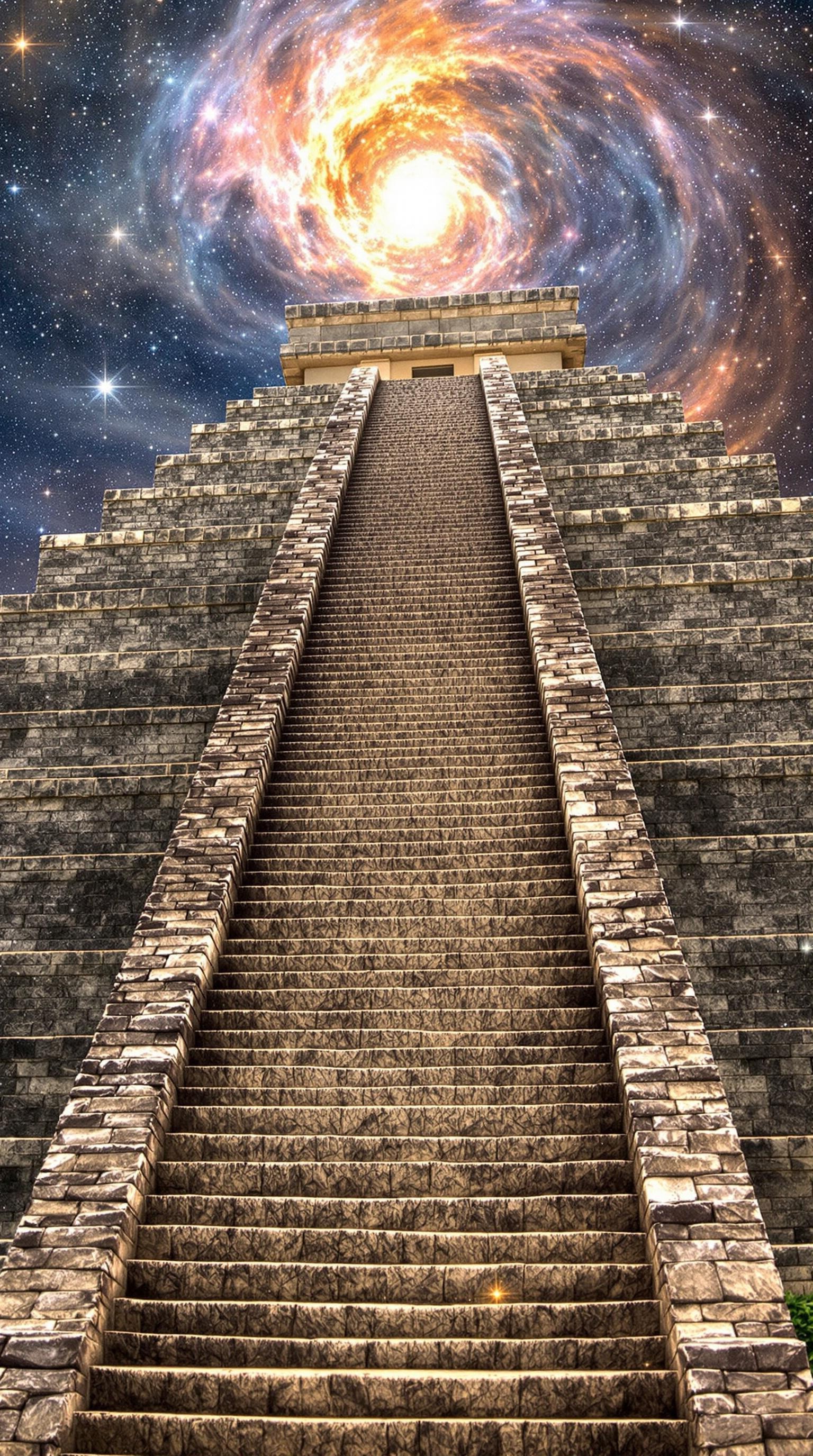 A Mayan pyramid in Yucatan, stairs ascending to the cosmos.