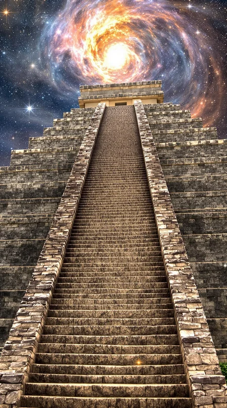 A Mayan pyramid in Yucatan, stairs ascending to the cosmos.