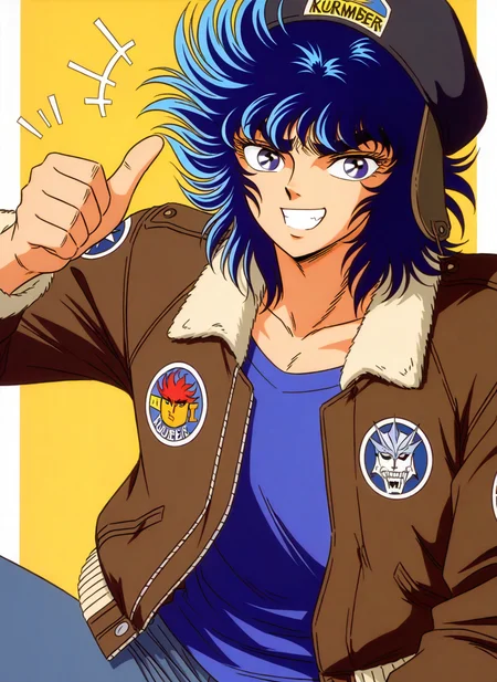 masterpiece, best quality, absurdres, zodikki1, kurumada hair, kurumada eyes, 1boy, solo, grin, :d, thumbs up, hand up, blue hair, bomber jacket, headwear
