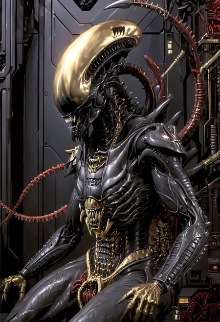 An insanely Detailed Divine Xenomorph, Golden and silver in color, cyberpunk, a crimson tinge to the golden color, Hyperdetailed, Omnipresent, Beautiful, Sinister overtones, otherworldly,