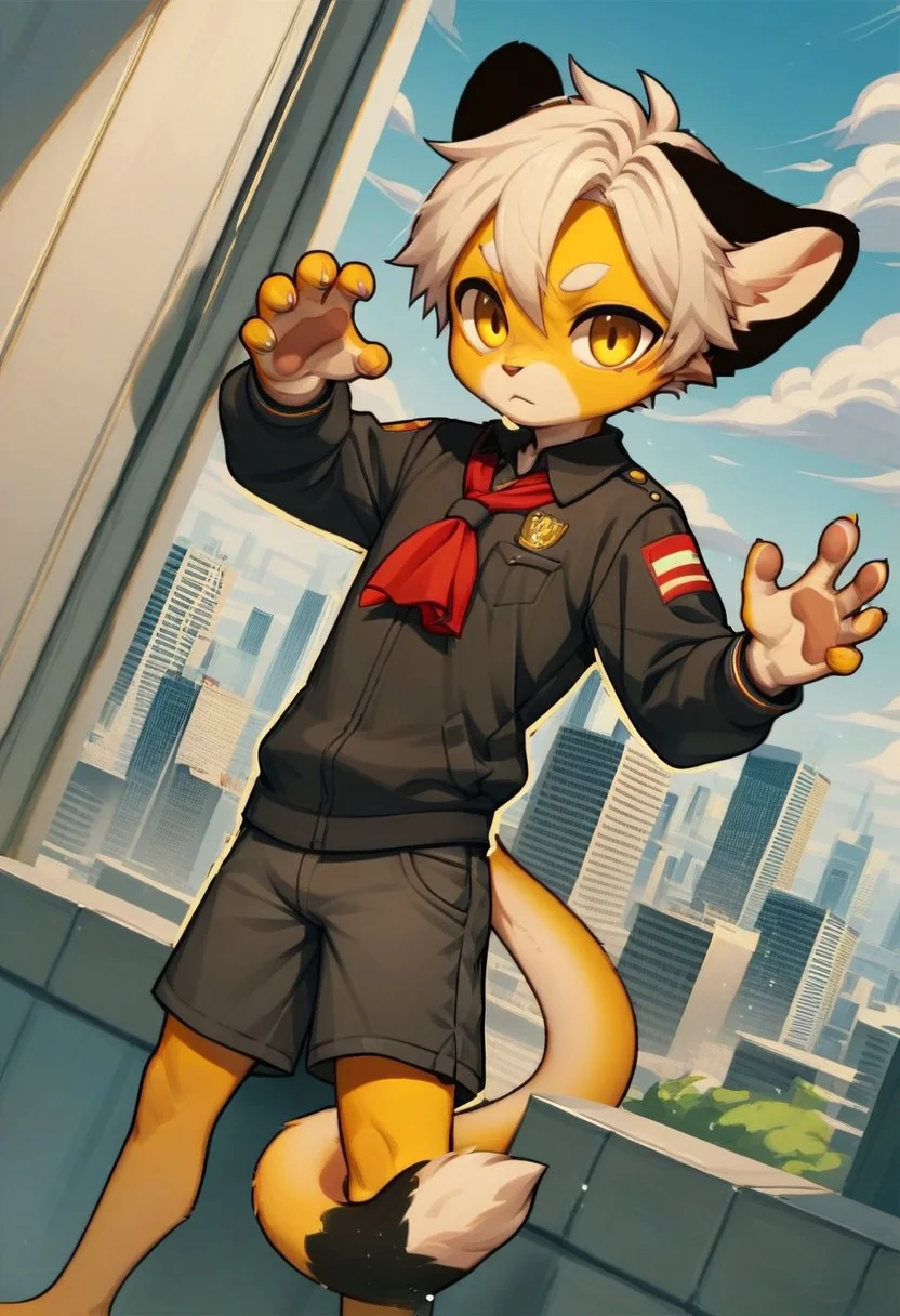 solo, furry, anthro, mikus, 1boy, solo, paws, boy, petite boy, slim boy, small boy, (white hair, dark yellow eyes, yellow fur, dotted eyebrows, small eyebrows, white eyebrows, white fur, yellow paws, (tail tip black:1.3), black ears), Soviet schoolgirl uniform, frilled apron, red neckerchief, score_8_up, score_7_up, score_6_up, score_5_up, score_4_up, outdoors, cityscape, dutch angle, random pose, spontaneous pose, random view, view from different angles, shorts, chibi