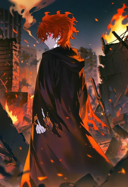 1boy, solo,
fiery messy hair, red hair, orange hair,
red eyes, glowing eyes, intense gaze,
torn dark clothes, tattered robes, worn leather, long sleeves,
ruins, burning city, fire, embers, smoke, ash, night, desolate wasteland, collapsed buildings,
looking back, determined look, serious expression,
masterpiece, extremely aesthetic, dreamy atmosphere, intense warm colors, vivid colors, saturated,
detailed background, dramatic lighting,
by rella, by konya karasue, vivid colors, saturated