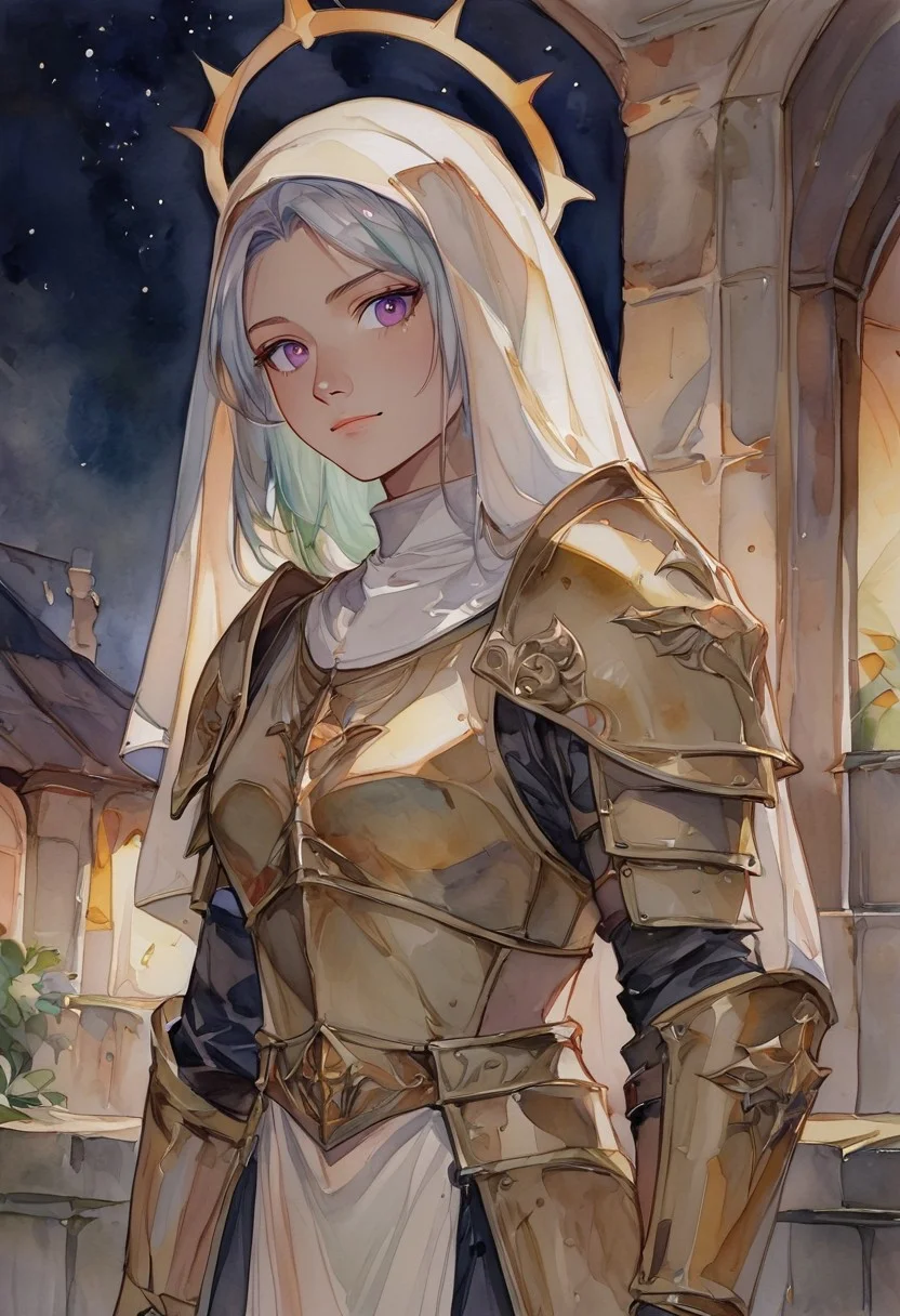 score_9, score_8_up, score_7_up, rating_safe, watercolor \(medium\), traditional media, 1girl, solo, halo, gorget, neck armor, gauntlet, female focus, nun, human, fair skin, violet eyes, veil, white and gold clothes, shield, warhammer, silver armor, full plate armor, looking at viewer, armor, shoulder armor, breastplate, pauldrons, closed mouth, standing, outdoors, night, night sky, dark background <lora:Watercolor Anime Style LoRA_Pony XL v6:0.7>
