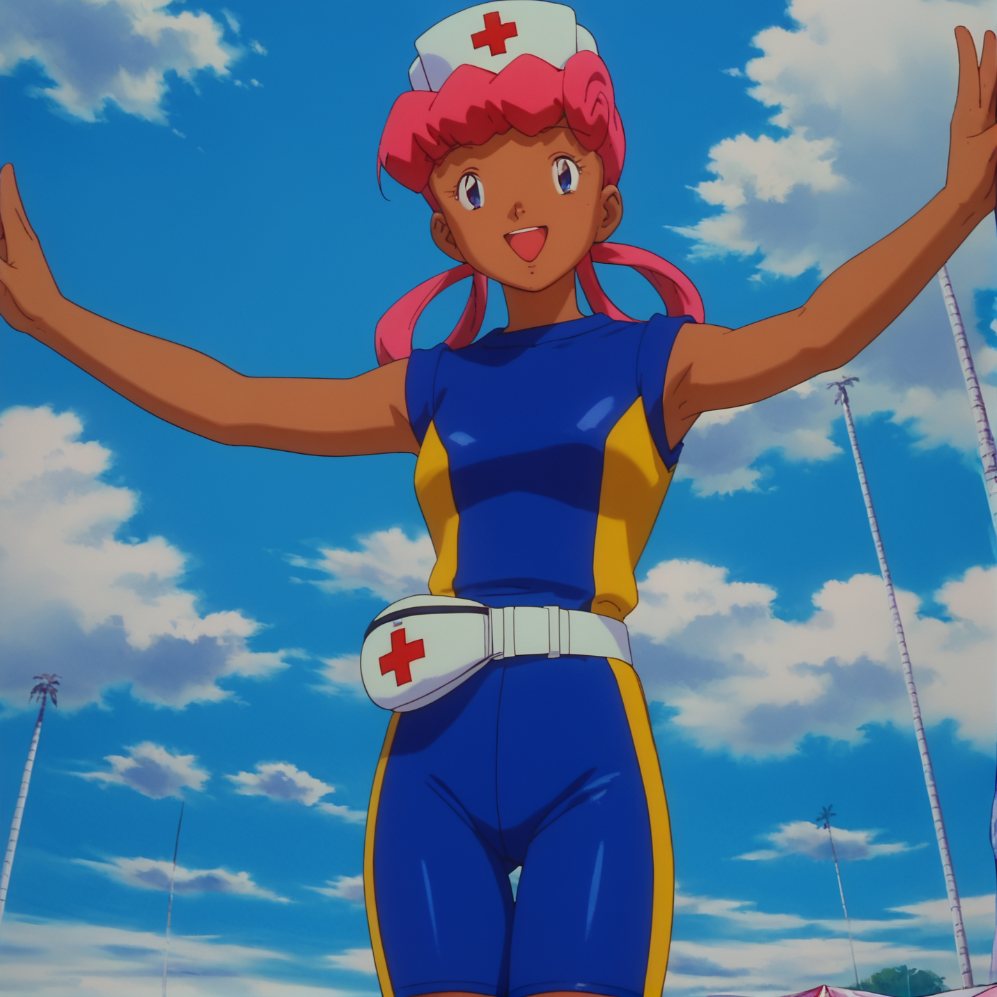 score_9, score_8_up, score_7_up, 1girl, solo, source_anime, pkmnjoy, hair rings, dark skinned female, wetsuit, sleeveless, nurse cap, blue eyes, pink hair, dark-skinned female, <lora:Nurse_Joy_-_Pokemon_anime_Orange_islands:1> smiling, open mouth, full body,