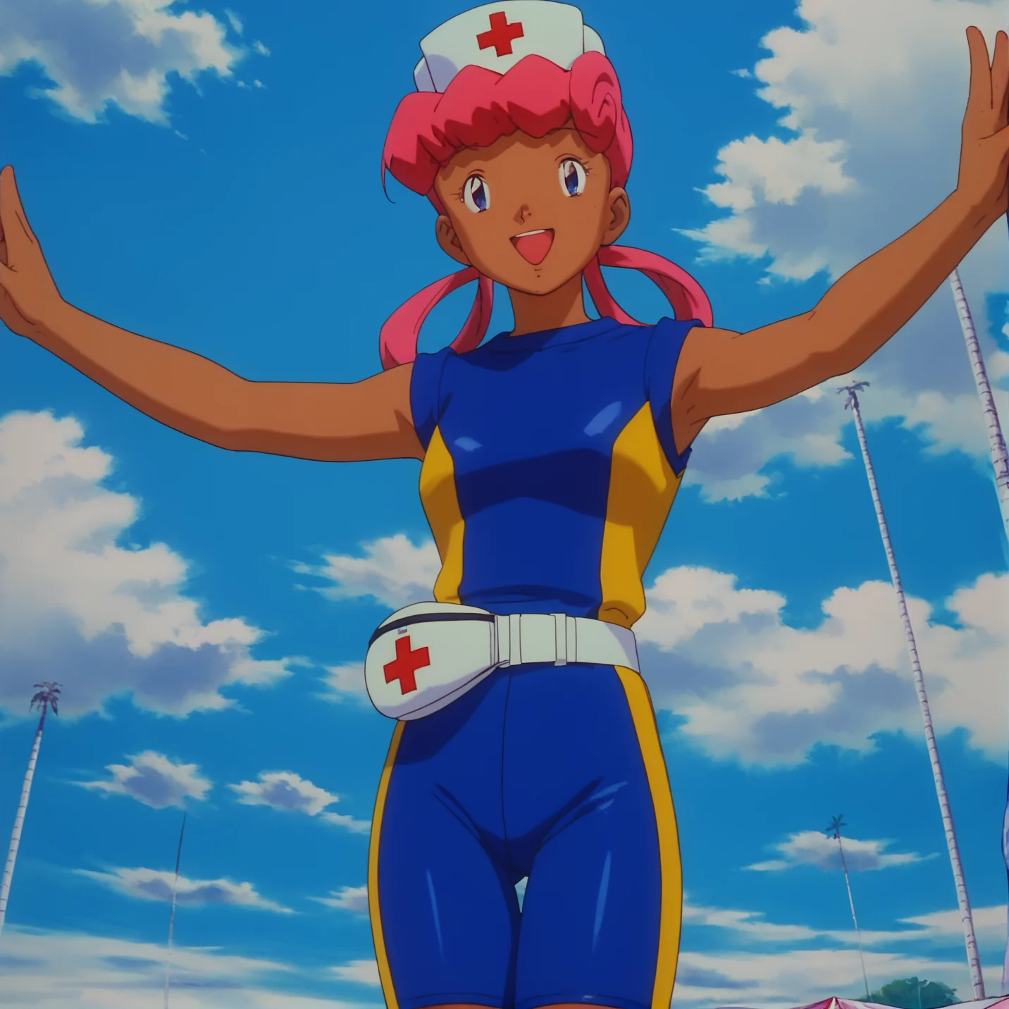 score_9, score_8_up, score_7_up, 1girl, solo, source_anime, pkmnjoy, hair rings, dark skinned female, wetsuit, sleeveless, nurse cap, blue eyes, pink hair, dark-skinned female, <lora:Nurse_Joy_-_Pokemon_anime_Orange_islands:1> smiling, open mouth, full body,