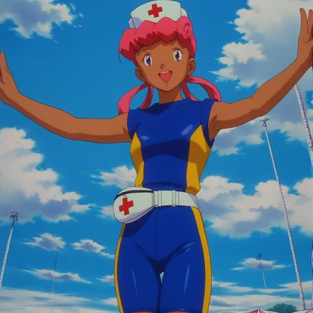 score_9, score_8_up, score_7_up, 1girl, solo, source_anime, pkmnjoy, hair rings, dark skinned female, wetsuit, sleeveless, nurse cap, blue eyes, pink hair, dark-skinned female, <lora:Nurse_Joy_-_Pokemon_anime_Orange_islands:1> smiling, open mouth, full body,