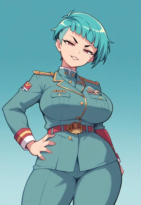 solo, 1girl, turquoise hair, mole_under_mouth, smug, half closed eyes, pixie cut, military uniform, large breasts, head tilt, parted lips, hand on hip, score_9,