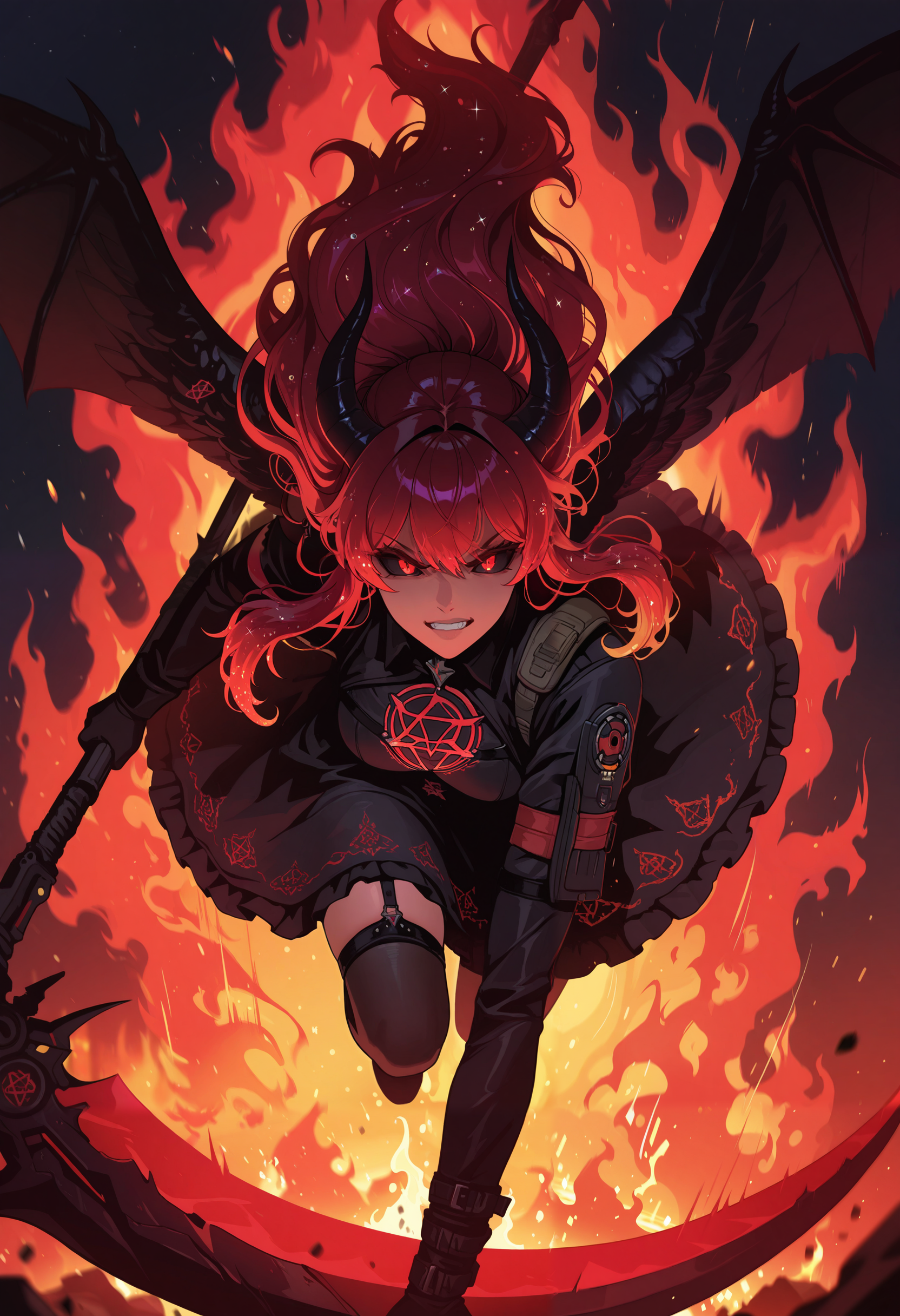 masterpiece, best quality, good quality, very aesthetic, absurdres, newest, 8K, depth of field, focused subject, solo, 1girl, black sclera, obsessed, demon girl, focused face, angry face, looking at viewer,
glitter hair, long hair, black and red hair, holofoil, 
combat solider, midair, nightstalker, black angel wings, goth dress, wielding scythe, running, apocalyptic, glowing pentagram, in flames, clear night sky, neon nightvision, secret mission, motion lines, motion blur