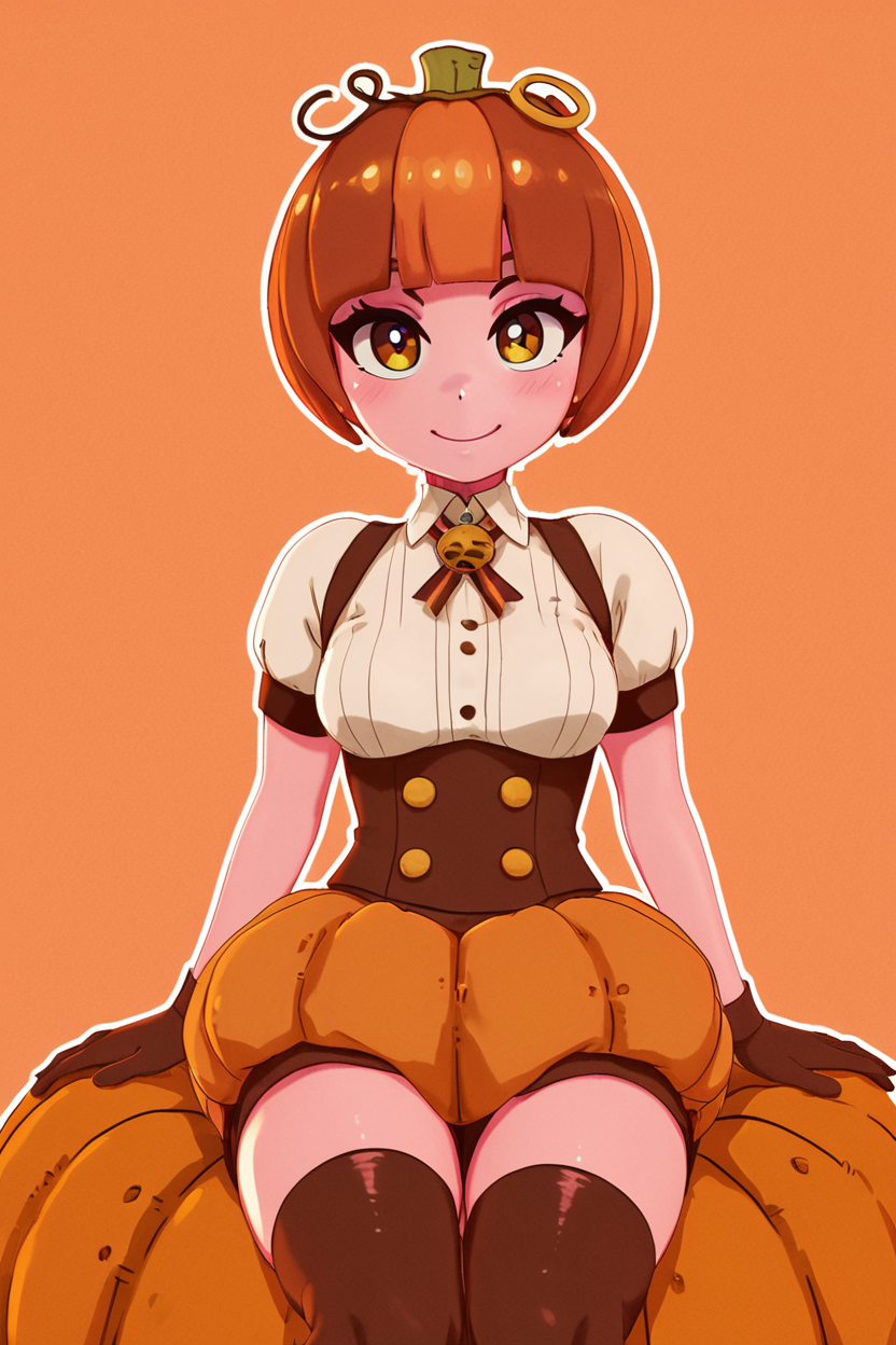 score_9, score_8_up, score_8, medium breasts, (curvy), cute, eyelashes,       BREAK, , ,,, zzPmpknGrl, brown eyes, short hair, brown hair, blunt bangs,  gloves, thighhighs, short sleeves, jack-o'-lantern, pumpkin, shirt, sitting, white shirt, <lora:PumpkinGirl_Masashi_PDXL:0.8>,   ,,, , BREAK, smile, looking at viewer, cowboy shot, ,,, embedding:zPDXL, Expressiveh, ,,, <lora:Zy0n7_PDXL:0.8>, <lora:SDXLFaeTastic2400:0.5>, <lora:Expressive_H-000001:0.4>,