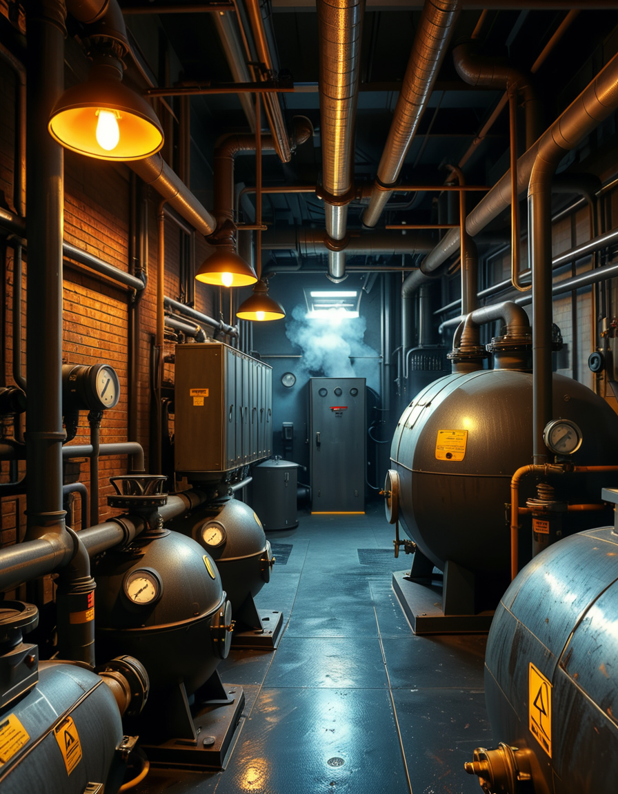 A highly detailed and realistic photograph of an industrial boiler room filled with large metal boilers, complex pipe systems, and pressure gauges. The room is dimly lit with a mix of warm yellow lighting from overhead industrial lamps and cool blue reflections from metallic surfaces. The air is slightly hazy with steam escaping from some of the pipes. The floor is made of reinforced concrete with visible stains from oil and water. Various control panels with blinking LED indicators and warning signs are mounted on the walls. The atmosphere is rugged and mechanical, evoking a sense of power and industrial efficiency. The depth of field is sharp, capturing intricate details such as rust on old pipes, the texture of the metal surfaces, and the labels on the control panels. The composition emphasizes symmetry, with pipes and machinery creating a structured, almost futuristic aesthetic. 
<lora:SDXLFaeTastic2400:0.4> <lora:extremely_detailed:0.4> extremely detailed,<lora:industrial_boiler_room:1>,industrial b01l3r r00m, Masterpiece,best quality,hi res,8k,hi res,8k,award winning,(sharp focus, intricate, highly detailed),