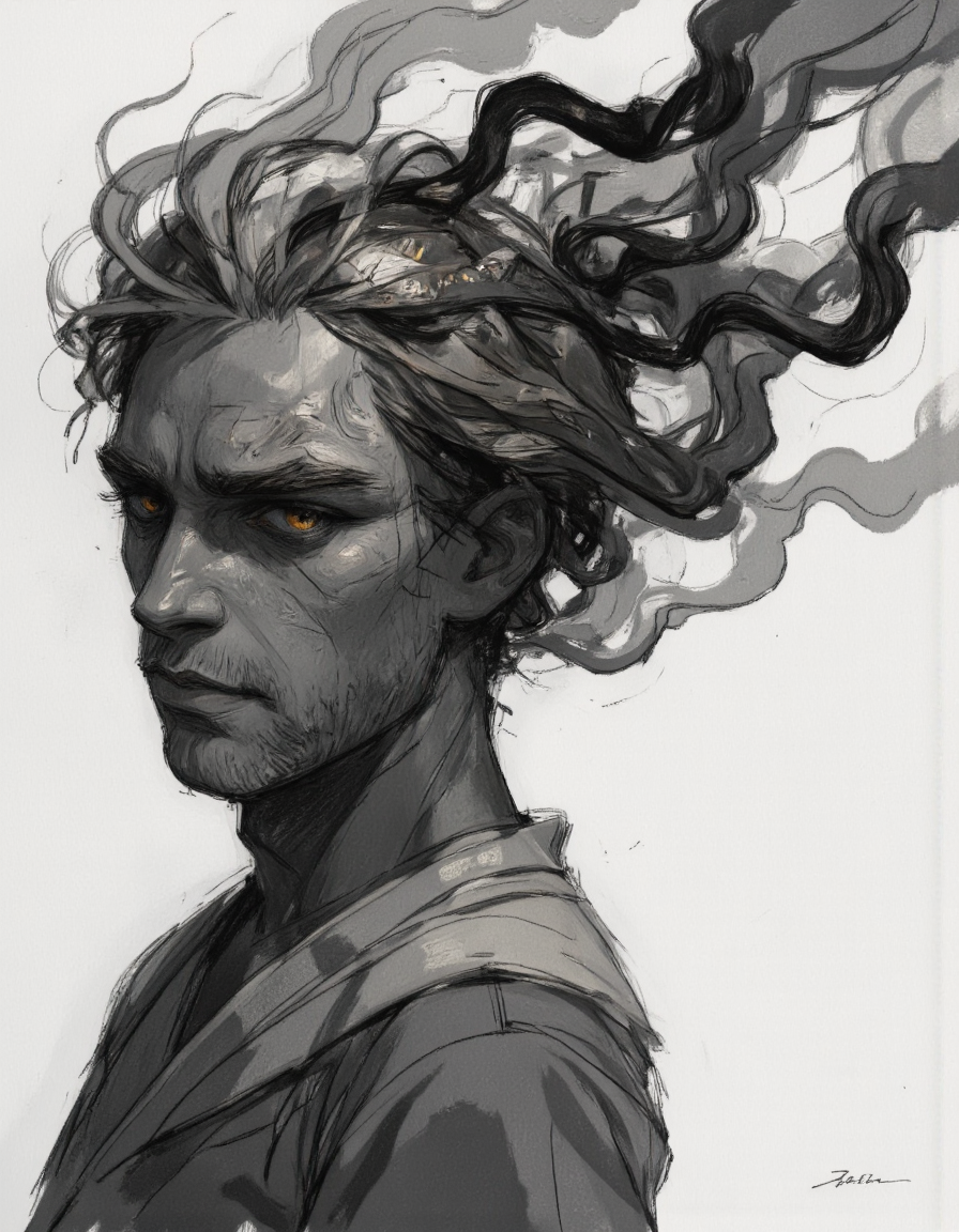 Close up portrait in Ev Ganin II style.
A grayscale, artistic portrait of a figure. 
A male, depicted in a way that evokes a sense of mystery or otherworldliness. The face is partially obscured within a swirling, dark, smoky or vaporous substance. 
The eyes of the figure glow with a bright, ethereal light, while the rest of the face and form remain in dark shadow. The substance around the head and shoulders mimics flowing hair, suggesting movement and an otherworldly presence.  The silhouette of a garment  is visible. The background is entirely white, which accentuates the contrast and highlights the dark elements in the figure. The image's style suggests a blend of dark fantasy and artistic expression. <lora:Ganin_II:1.0>