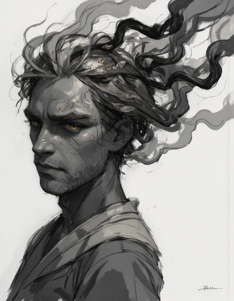 Close up portrait in Ev Ganin II style.
A grayscale, artistic portrait of a figure.
A male, depicted in a way that evokes a sense of mystery or otherworldliness. The face is partially obscured within a swirling, dark, smoky or vaporous substance.
The eyes of the figure glow with a bright, ethereal light, while the rest of the face and form remain in dark shadow. The substance around the head and shoulders mimics flowing hair, suggesting movement and an otherworldly presence. The silhouette of a garment is visible. The background is entirely white, which accentuates the contrast and highlights the dark elements in the figure. The image's style suggests a blend of dark fantasy and artistic expression. <lora:Ganin_II:1.0>
