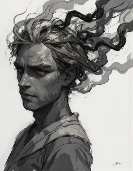 Close up portrait in Ev Ganin II style.
A grayscale, artistic portrait of a figure.
A male, depicted in a way that evokes a sense of mystery or otherworldliness. The face is partially obscured within a swirling, dark, smoky or vaporous substance.
The eyes of the figure glow with a bright, ethereal light, while the rest of the face and form remain in dark shadow. The substance around the head and shoulders mimics flowing hair, suggesting movement and an otherworldly presence. The silhouette of a garment is visible. The background is entirely white, which accentuates the contrast and highlights the dark elements in the figure. The image's style suggests a blend of dark fantasy and artistic expression. <lora:Ganin_II:1.0>