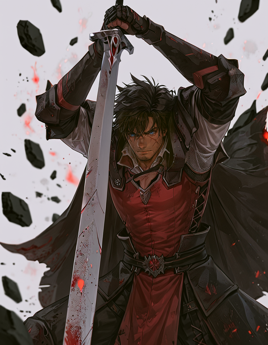 score_9, score_8_up, score_7_up,
source_anime,
two-handed,impaling,solo,short hair,blue eyes,black hair,gloves,1boy,holding,weapon,male focus,sword,cape,holding weapon,armor,blood,facial hair,scar,holding sword,pectorals,muscular male,shoulder armor,gauntlets,scar on face,shield,serious,injury,blood on face,rock,fighting stance,stubble,knight,debris,hyur,greatsword
 <lora:impaling:0.8>