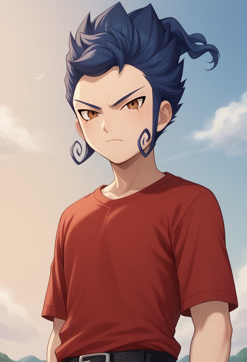 score_9, score_8_up, score_7_up, source_anime, highly detailed, 
tsurugi, 1boy, male focus, solo, blue hair, brown eyes,  shirt, red shirt, short sleeves, t-shirt, belt, pants, purple pants, jewelry, bracelet, frown, upper body, looking at viewer,
outdoor, sky, cloud
