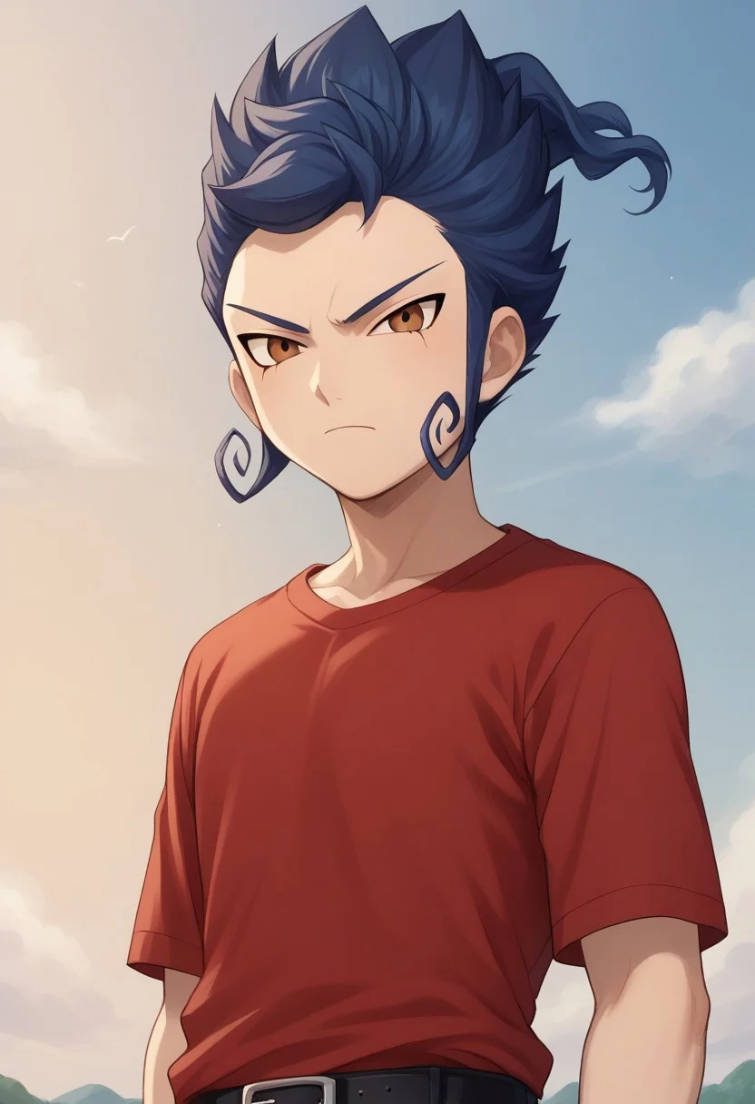 score_9, score_8_up, score_7_up, source_anime, highly detailed,
tsurugi, 1boy, male focus, solo, blue hair, brown eyes, shirt, red shirt, short sleeves, t-shirt, belt, pants, purple pants, jewelry, bracelet, frown, upper body, looking at viewer,
outdoor, sky, cloud
