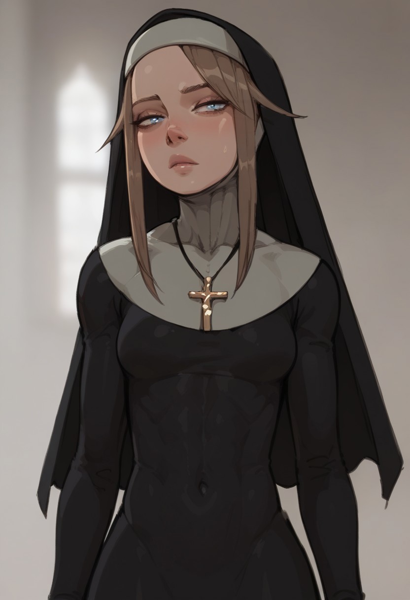 score_9, score_8_up, score_7_up,toned body,perky breasts,shiny skin,elegant woman,perky breasts,Gardie, brown hair, blue eyes, habit, nun , nun dress, cross necklace,in a sports gym
