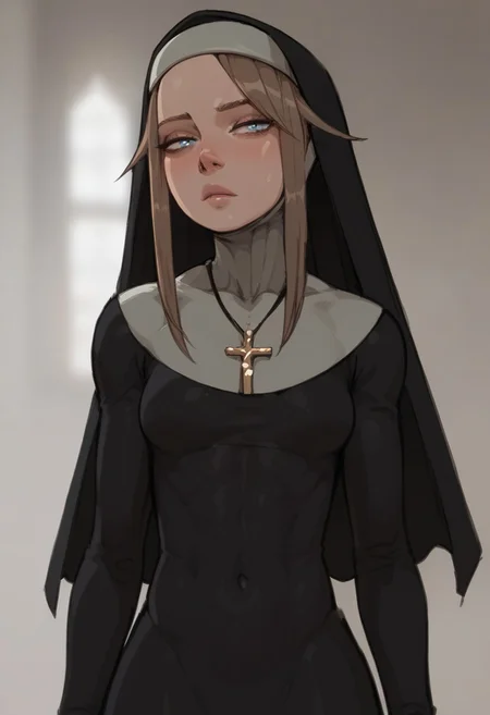score_9, score_8_up, score_7_up,toned body,perky breasts,shiny skin,elegant woman,perky breasts,Gardie, brown hair, blue eyes, habit, nun , nun dress, cross necklace,in a sports gym