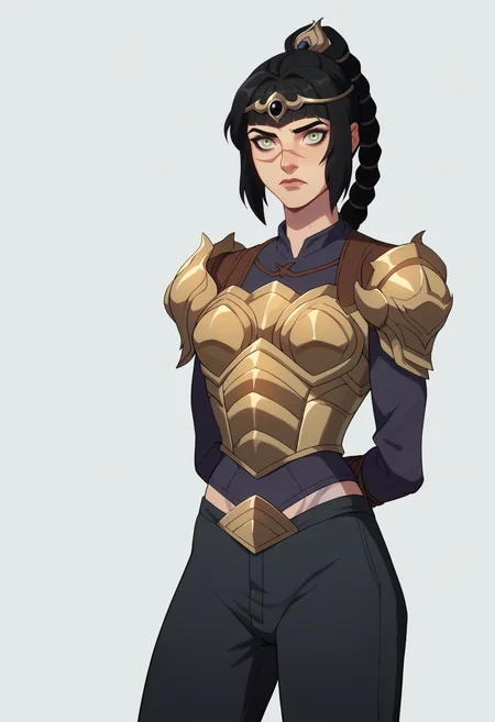 score_9, score_8_up, score_7_up, BREAK,
1girl, solo, shadowheart, black hair, braided ponytail, green eyes, scar on face, circlet, looking at viewer, armor, pants,
arms behind back, standing, looking at viewer, white background <lora:ShadowHeartXL:0.8> <lora:FantasyWesternAnimation_YoungJusticeDCAMU_v2:1>
