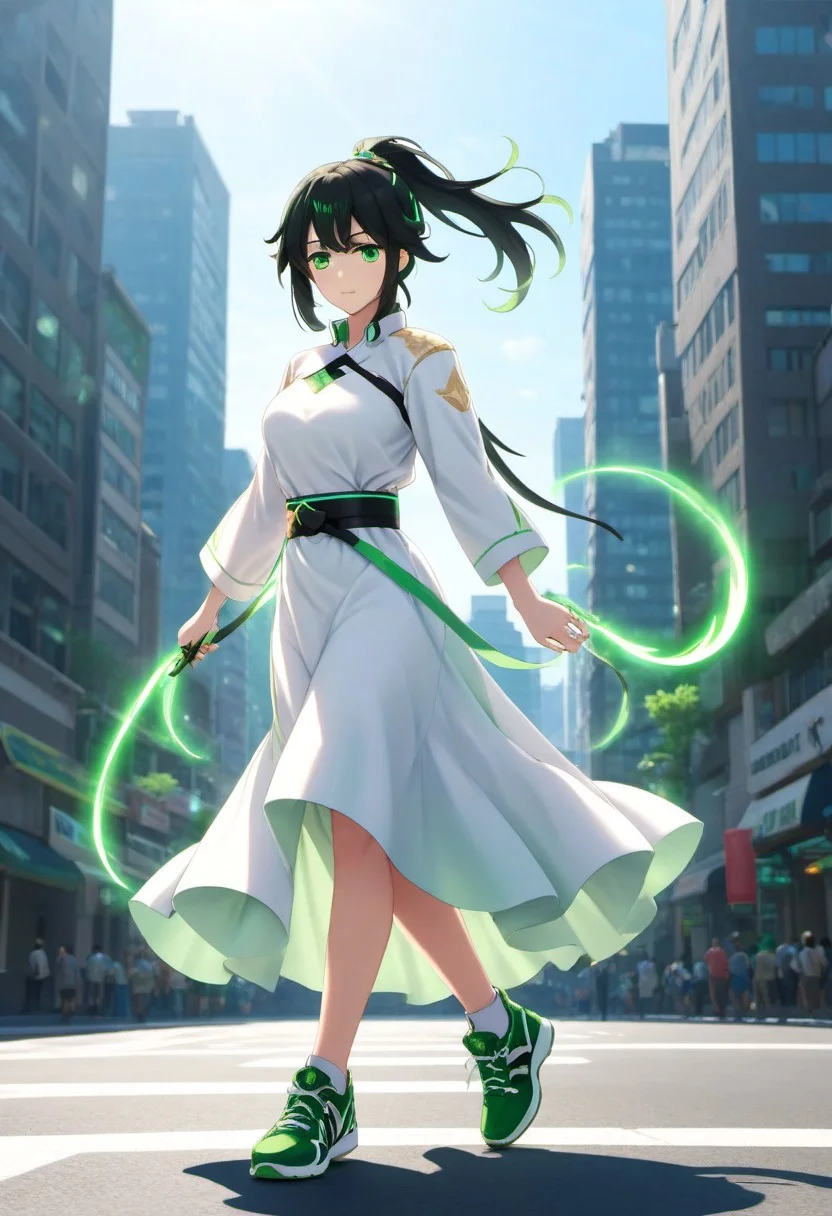 score_9, score_8_up, score_7_up, source_anime, philia_wf, pwf_light, black hair, green highlights, ponytail, green eyes, white dress, belt, green shoes, hair ornament, hands clasped, blinding light,city, focused, dynamic shot, high quality, cowboy shot,