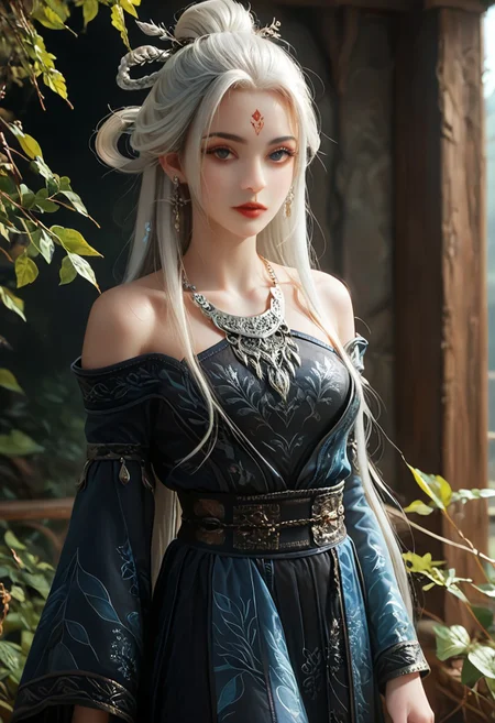 <lora:ponyxiaobai2v:1>,xiaobai,score_9,score_8_up,score_7_up,a highly detailed CGI rendering of a female character with a fantasy aesthetic, she has a pale skin complexion and long ,flowing white hair adorned with intricate ,leaf-like designs ,her eyes are large and expressive, with a serene, almost contemplative expression, she wears a form-fitting, off-the-shoulder dress in a deep black silky color with silver accents, the dress features intricate, floral patterns and a high neckline, accentuating her slender physique, around her neck, she accessorizes with a delicate, silver necklace and matching earrings, her attire is reminiscent of a medieval or fantasy-inspired outfit, with the dress having a high slit that reveals her midriff, the lighting is soft and diffused, casting gentle shadows that enhance the texture of the stone and the character's attire, the overall mood is one of serenity and otherworldly beauty, very long hair, realism,