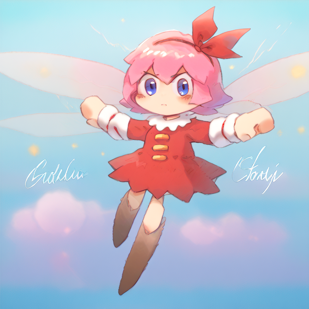 <lora:beco:1.5> 
 <lora:ribbon_kirby:0.8> 1girl,blue eyes, pink hair, wings, fairy, red ribbon, fairy wings, red dress, short hair