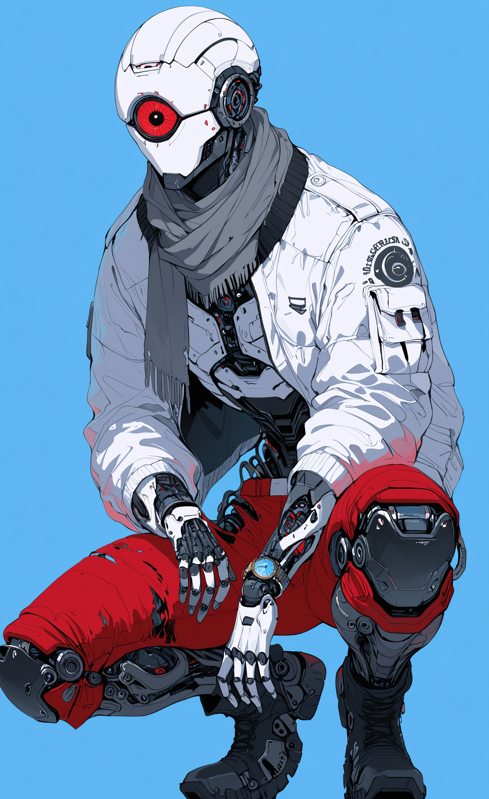 masterpiece, best quality, good quality, very awa, newest, highres, absurdres,  solo, 1boy, jacket, male focus, boots, pants, scarf, torn clothes, no humans, blue background, white jacket, squatting, robot, science fiction, watch, joints, knee pads, red pants, one-eyed, robot joints, mechanical legs, humanoid robot, grey scarf, limited palette, <lora:illustriousXL_stabilizer_v1.23:0.3> <lora:NOOB_vp1_detailer_by_volnovik_v1:0.3> <lora:ponyv6_noobE11_2_adamW-000017:0.3> <lora:114558v4df2fsdf5:0.6> <lora:XXX667:0.4> <lora:mon_monmon2133:0.5>