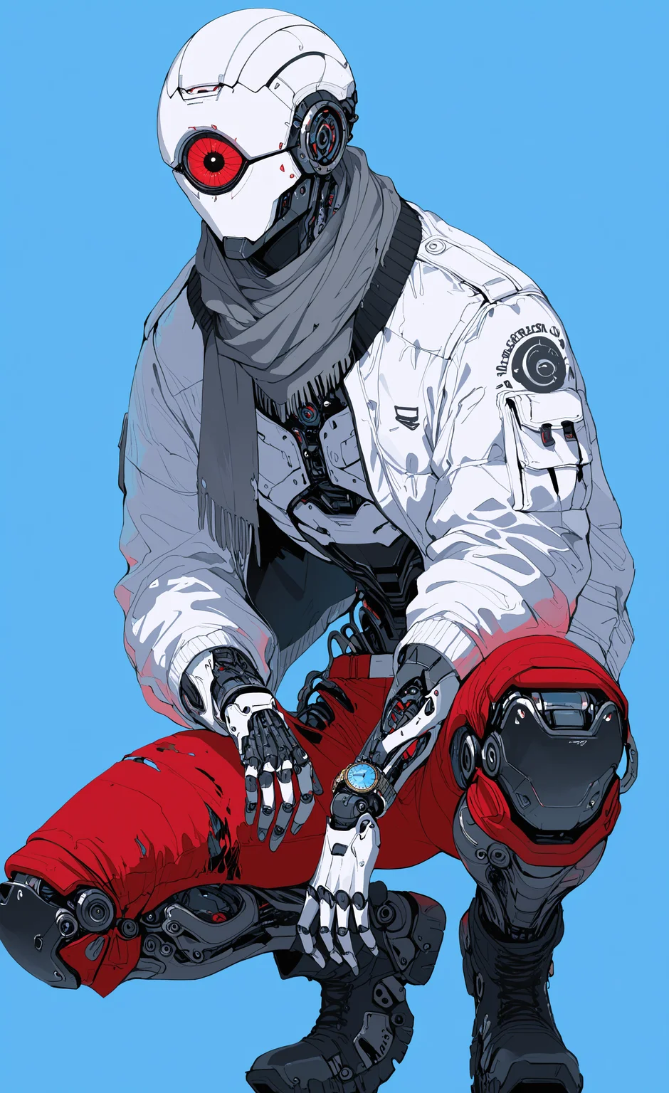masterpiece, best quality, good quality, very awa, newest, highres, absurdres,  solo, 1boy, jacket, male focus, boots, pants, scarf, torn clothes, no humans, blue background, white jacket, squatting, robot, science fiction, watch, joints, knee pads, red pants, one-eyed, robot joints, mechanical legs, humanoid robot, grey scarf, limited palette, <lora:illustriousXL_stabilizer_v1.23:0.3> <lora:NOOB_vp1_detailer_by_volnovik_v1:0.3> <lora:ponyv6_noobE11_2_adamW-000017:0.3> <lora:114558v4df2fsdf5:0.6> <lora:XXX667:0.4> <lora:mon_monmon2133:0.5>