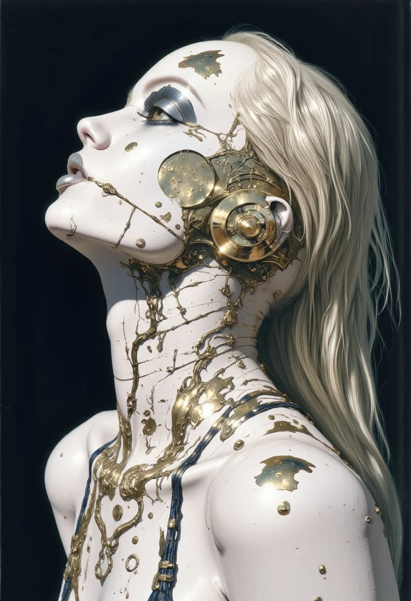 impressionist classical-style painting of a highly detailed, fantasy scene with a dramatic, robotic aesthetic. The central figure is a female robot. Her head and body are made of white, shiny and smooth metal with multi-colored, exposed wiring going down her neck creating an organic mosaic pattern. She is a biomechanical robot and there are wires jacked into her face. Her eyes are an intense silver color with light silver eyeshadow, and her lips are a rich, deep silver color. There is a missing panel on her cheek. A spot light focuses on her from above. Her hair is stark, metallic white strands that falls around the lower half of the image. She is blending in with the background. She is facing you and looking up into the sky intensely. The overall impression is one of dramatic beauty, with an almost otherworldly quality. (((ultra-realistic style))), realistic soft lighting, dark, eye-catching, atmospheric lighting, natural, shallow depth of field, (highlights: 0.8), high detail (dynamic, cinematic shot, film grain, bokeh, depth of field,