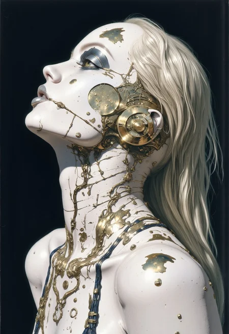 impressionist classical-style painting of a highly detailed, fantasy scene with a dramatic, robotic aesthetic. The central figure is a female robot. Her head and body are made of white, shiny and smooth metal with multi-colored, exposed wiring going down her neck creating an organic mosaic pattern. She is a biomechanical robot and there are wires jacked into her face. Her eyes are an intense silver color with light silver eyeshadow, and her lips are a rich, deep silver color. There is a missing panel on her cheek. A spot light focuses on her from above. Her hair is stark, metallic white strands that falls around the lower half of the image. She is blending in with the background. She is facing you and looking up into the sky intensely. The overall impression is one of dramatic beauty, with an almost otherworldly quality. (((ultra-realistic style))), realistic soft lighting, dark, eye-catching, atmospheric lighting, natural, shallow depth of field, (highlights: 0.8), high detail (dynamic, cinematic shot, film grain, bokeh, depth of field,