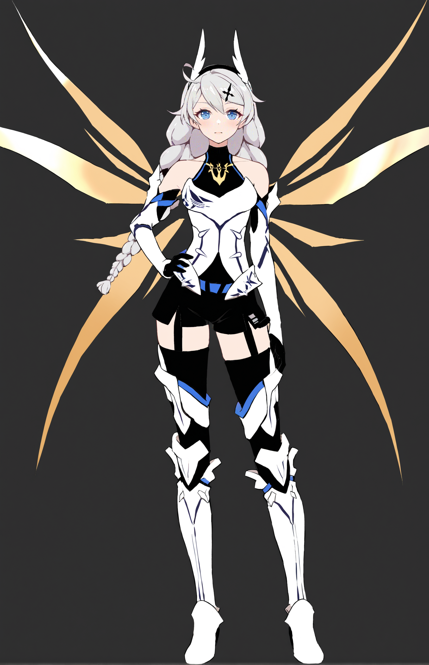 score_9, score_8_up, score_7_up, score_6_up, 8k, best quality, masterpiece, (ultra-detailed:1.1), (high detailed skin), 
(full body), (black background:1.1), standing, looking at viewer, (solo), hand on hip, 
<lora:kiana-young-kohaku-Tanger-000011:0.8>, kiana kaslana, yueguang, 3rd clothes, 1girl, blue eyes, long hair, braid, thighhighs, boots, bangs, hair ornament, bare shoulders, twin braids, energy wings, elbow gloves, 
(beautiful_face), ((intricate_detail)), clear face, 
((finely_detailed)), fine_fabric_emphasis, 
((glossy)), full_shot,