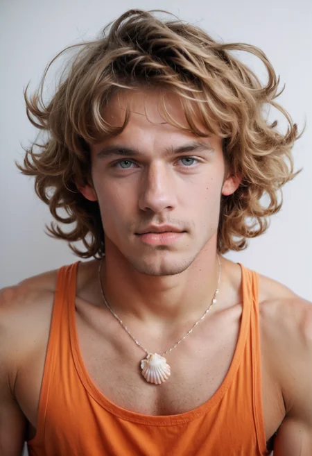 score_9, score_8_up, score_7_up, photo, photorealistic, portrait photo, <lora:fratbrat_sean_pony_epoch_3:1> 1boy, frtbrt_sn wearing an orange tank-top shirt, shaggy hair, seashell necklace, white background